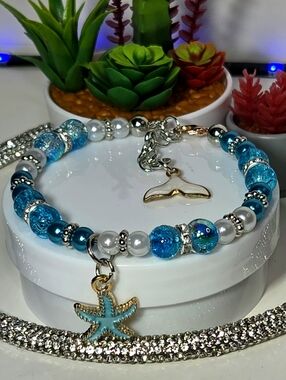 Turquoise Crystal And Pearl Beaded Starfish Charm Bracelet - Women Jewelry